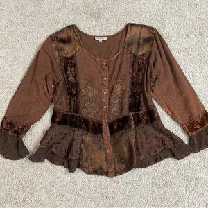 Vintage TRENDZ Autumn Brown RAYON Blend WEARABLE Velvet Floral EMBROIDERED TUNIC